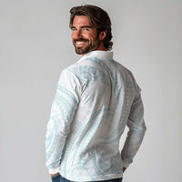 White Sunday Lotu Tamaiti Long Sleeve Polo Shirt Polynesian Wave Pastel Cyan - Polynesian Pride