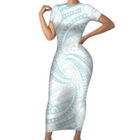 White Sunday Lotu Tamaiti Short Sleeve Bodycon Dress Polynesian Wave Pastel Cyan - Polynesian Pride