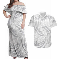 White Sunday Lotu Tamaiti Couples Matching Off Shoulder Maxi Dress and Hawaiian Shirt Polynesian Wave Pastel Gray - Polynesian Pride