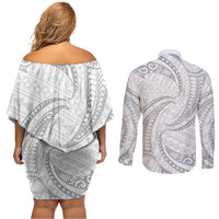 White Sunday Lotu Tamaiti Couples Matching Off Shoulder Short Dress and Long Sleeve Button Shirt Polynesian Wave Pastel Gray - Polynesian Pride