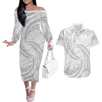 White Sunday Lotu Tamaiti Couples Matching Off The Shoulder Long Sleeve Dress and Hawaiian Shirt Polynesian Wave Pastel Gray - Polynesian Pride