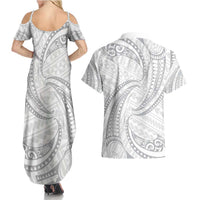White Sunday Lotu Tamaiti Couples Matching Summer Maxi Dress and Hawaiian Shirt Polynesian Wave Pastel Gray - Polynesian Pride