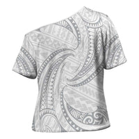 White Sunday Lotu Tamaiti Cross Shoulder Shirt Polynesian Wave Pastel Gray - Polynesian Pride