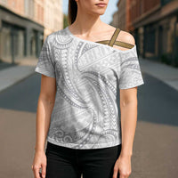 White Sunday Lotu Tamaiti Cross Shoulder Shirt Polynesian Wave Pastel Gray - Polynesian Pride