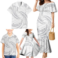 White Sunday Lotu Tamaiti Family Matching Mermaid Dress and Hawaiian Shirt Polynesian Wave Pastel Gray - Polynesian Pride