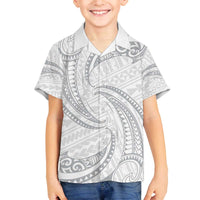 White Sunday Lotu Tamaiti Family Matching Off The Shoulder Long Sleeve Dress and Hawaiian Shirt Polynesian Wave Pastel Gray - Polynesian Pride