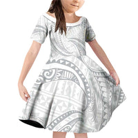 White Sunday Lotu Tamaiti Family Matching Off Shoulder Short Dress and Hawaiian Shirt Polynesian Wave Pastel Gray - Polynesian Pride