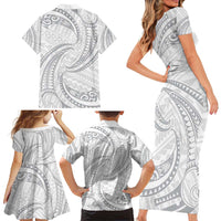 White Sunday Lotu Tamaiti Family Matching Short Sleeve Bodycon Dress and Hawaiian Shirt Polynesian Wave Pastel Gray - Polynesian Pride