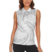 White Sunday Lotu Tamaiti Women Sleeveless Polo Shirt Polynesian Wave Pastel Gray - Polynesian Pride