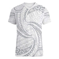 White Sunday Lotu Tamaiti Women V-Neck T-Shirt Polynesian Wave Pastel Gray - Polynesian Pride