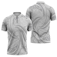 White Sunday Lotu Tamaiti Zipper Polo Shirt Polynesian Wave Pastel Gray - Polynesian Pride