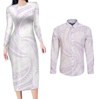 White Sunday Lotu Tamaiti Couples Matching Long Sleeve Bodycon Dress and Long Sleeve Button Shirt Polynesian Wave Pastel Mauve - Polynesian Pride