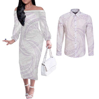 White Sunday Lotu Tamaiti Couples Matching Off The Shoulder Long Sleeve Dress and Long Sleeve Button Shirt Polynesian Wave Pastel Mauve - Polynesian Pride