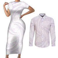 White Sunday Lotu Tamaiti Couples Matching Short Sleeve Bodycon Dress and Long Sleeve Button Shirt Polynesian Wave Pastel Mauve - Polynesian Pride
