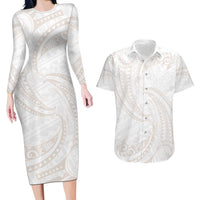 White Sunday Lotu Tamaiti Couples Matching Long Sleeve Bodycon Dress and Hawaiian Shirt Polynesian Wave Pastel Nude - Polynesian Pride