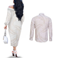 White Sunday Lotu Tamaiti Couples Matching Off The Shoulder Long Sleeve Dress and Long Sleeve Button Shirt Polynesian Wave Pastel Nude - Polynesian Pride