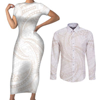 White Sunday Lotu Tamaiti Couples Matching Short Sleeve Bodycon Dress and Long Sleeve Button Shirt Polynesian Wave Pastel Nude - Polynesian Pride