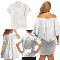 White Sunday Lotu Tamaiti Family Matching Off Shoulder Short Dress and Hawaiian Shirt Polynesian Wave Pastel Nude - Polynesian Pride