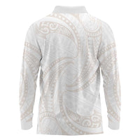 White Sunday Lotu Tamaiti Long Sleeve Polo Shirt Polynesian Wave Pastel Nude - Polynesian Pride