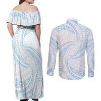 White Sunday Lotu Tamaiti Couples Matching Off Shoulder Maxi Dress and Long Sleeve Button Shirt Polynesian Wave Pastel Sky Blue - Polynesian Pride