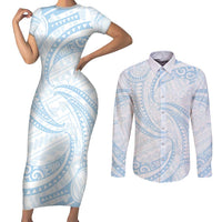 White Sunday Lotu Tamaiti Couples Matching Short Sleeve Bodycon Dress and Long Sleeve Button Shirt Polynesian Wave Pastel Sky Blue - Polynesian Pride
