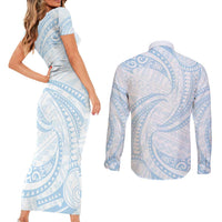 White Sunday Lotu Tamaiti Couples Matching Short Sleeve Bodycon Dress and Long Sleeve Button Shirt Polynesian Wave Pastel Sky Blue - Polynesian Pride
