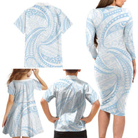 White Sunday Lotu Tamaiti Family Matching Long Sleeve Bodycon Dress and Hawaiian Shirt Polynesian Wave Pastel Sky Blue - Polynesian Pride