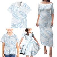 White Sunday Lotu Tamaiti Family Matching Puletasi and Hawaiian Shirt Polynesian Wave Pastel Sky Blue - Polynesian Pride