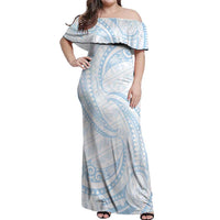 White Sunday Lotu Tamaiti Off Shoulder Maxi Dress Polynesian Wave Pastel Sky Blue - Polynesian Pride