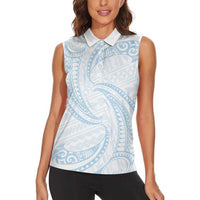 White Sunday Lotu Tamaiti Women Sleeveless Polo Shirt Polynesian Wave Pastel Sky Blue - Polynesian Pride