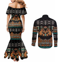 Black Batik Papua-inspired Pattern Couples Matching Mermaid Dress and Long Sleeve Button Shirt - Polynesian Pride