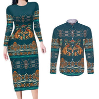 Dark Cyan Blue Batik Papua-inspired Pattern Couples Matching Long Sleeve Bodycon Dress and Long Sleeve Button Shirt - Polynesian Pride