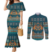 Dark Cyan Blue Batik Papua-inspired Pattern Couples Matching Mermaid Dress and Long Sleeve Button Shirt - Polynesian Pride