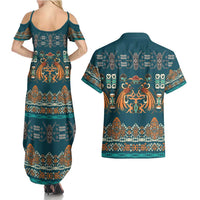 Dark Cyan Blue Batik Papua-inspired Pattern Couples Matching Summer Maxi Dress and Hawaiian Shirt - Polynesian Pride