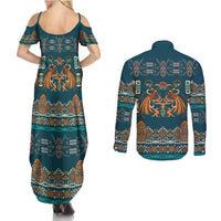 Dark Cyan Blue Batik Papua-inspired Pattern Couples Matching Summer Maxi Dress and Long Sleeve Button Shirt - Polynesian Pride