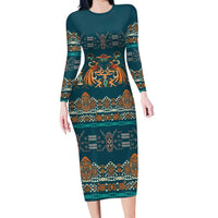 Dark Cyan Blue Batik Papua-inspired Pattern Family Matching Long Sleeve Bodycon Dress and Hawaiian Shirt - Polynesian Pride