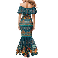 Dark Cyan Blue Batik Papua-inspired Pattern Family Matching Mermaid Dress and Hawaiian Shirt - Polynesian Pride