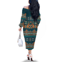 Dark Cyan Blue Batik Papua-inspired Pattern Family Matching Off The Shoulder Long Sleeve Dress and Hawaiian Shirt - Polynesian Pride