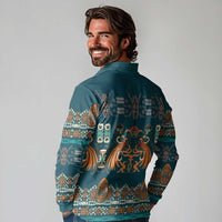 Dark Cyan Blue Batik Papua-inspired Pattern Long Sleeve Polo Shirt - Polynesian Pride