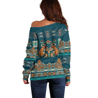 Dark Cyan Blue Batik Papua-inspired Pattern Off Shoulder Sweater - Polynesian Pride