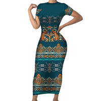 Dark Cyan Blue Batik Papua-inspired Pattern Short Sleeve Bodycon Dress - Polynesian Pride