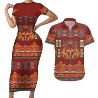 Oxblood Batik Papua-inspired Pattern Couples Matching Short Sleeve Bodycon Dress and Hawaiian Shirt - Polynesian Pride