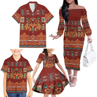 Oxblood Batik Papua-inspired Pattern Family Matching Off The Shoulder Long Sleeve Dress and Hawaiian Shirt - Polynesian Pride