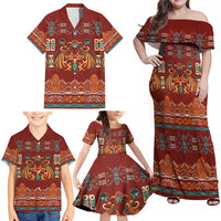 Oxblood Batik Papua-inspired Pattern Family Matching Off Shoulder Maxi Dress and Hawaiian Shirt - Polynesian Pride