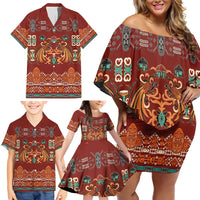 Oxblood Batik Papua-inspired Pattern Family Matching Off Shoulder Short Dress and Hawaiian Shirt - Polynesian Pride
