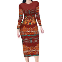 Oxblood Batik Papua-inspired Pattern Long Sleeve Bodycon Dress - Polynesian Pride