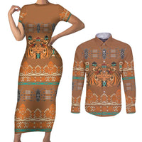 Terracotta Batik Papua-inspired Pattern Couples Matching Short Sleeve Bodycon Dress and Long Sleeve Button Shirt - Polynesian Pride