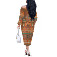 Terracotta Batik Papua-inspired Pattern Off The Shoulder Long Sleeve Dress - Polynesian Pride