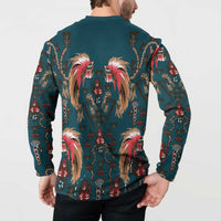 Dark Cyan Blue Bird of Batik Papua Button Sweatshirt Exotic Natural Wealth of Papua - Polynesian Pride
