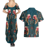 Dark Cyan Blue Bird of Batik Papua Couples Matching Summer Maxi Dress and Hawaiian Shirt Exotic Natural Wealth of Papua - Polynesian Pride